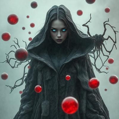 The primary subject of the image is a woman dressed in a black cloak, with red eyes and a hood. She is standing in front of a backdrop of red balls, which are scattered throughout the scene. The visual style of the image is digital art, and the dominant colors are black and red. The overall atmosphere of the image is mysterious and intriguing.